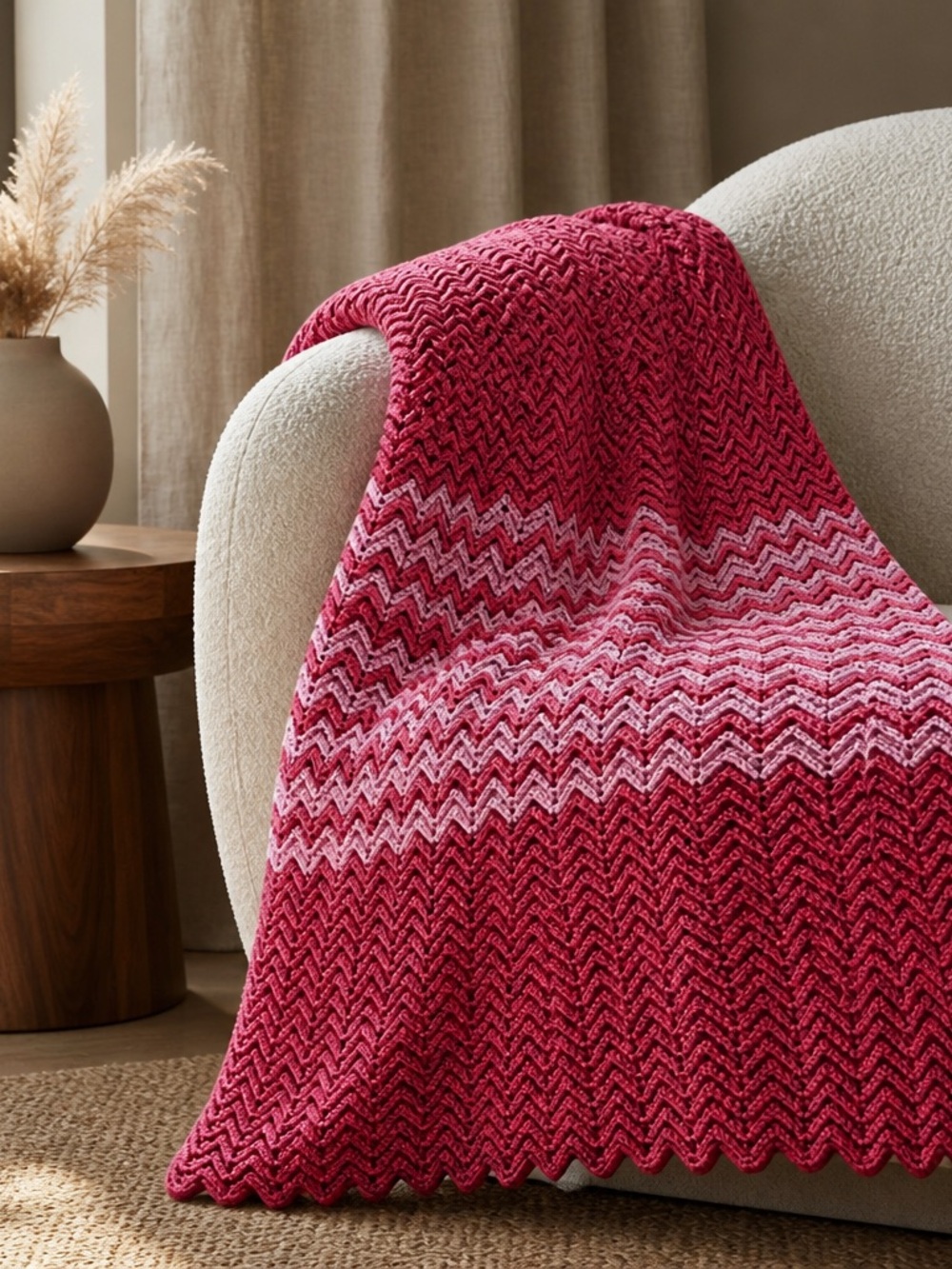 Handmade Chevron Knit Throw Blanket in Deep Pink & Light Pink